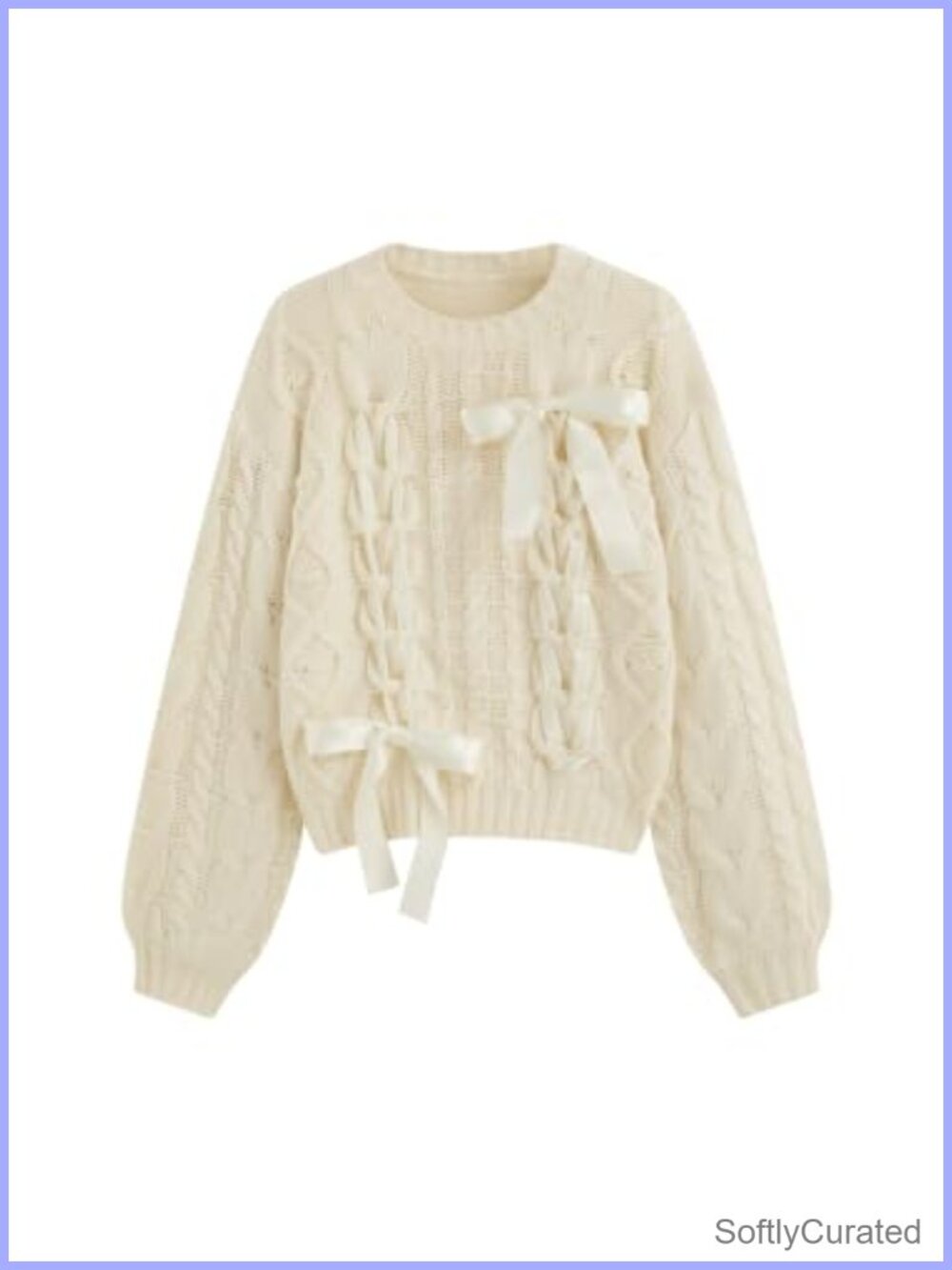CIDER Cable Knit Cropped Sweater with Ribbon Bow Accents and Balloon Sleeves